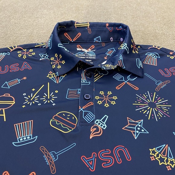Birdie Bound Polo Shirt Mens Medium Blue USA Patriotic 4th of July Golf BBQ Star - Picture 3 of 8